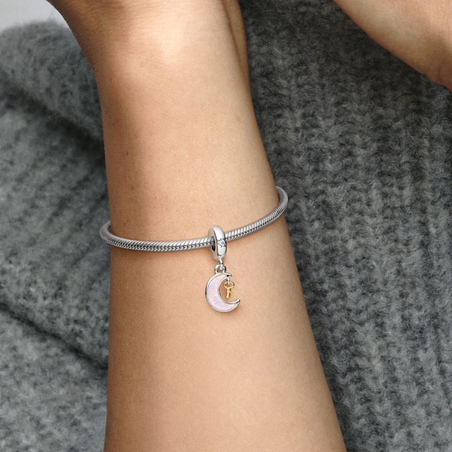 Charm-Anhänger Schlüssel & Mond Opal Silber Vergoldet