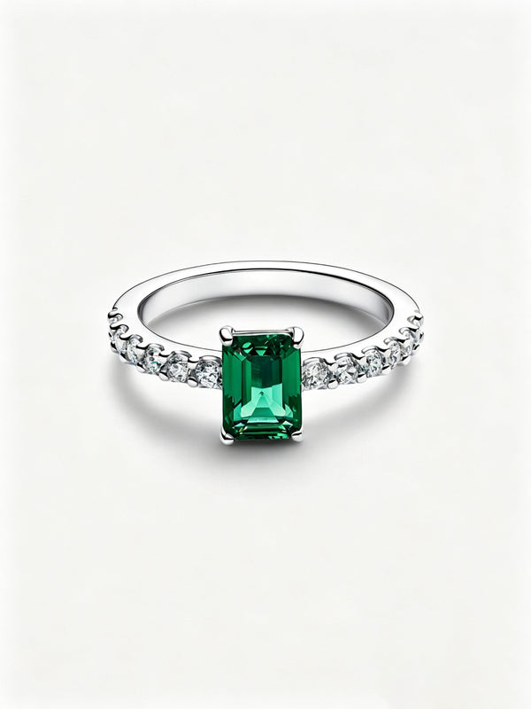 Rechteckiger Funkelnder Grüner Strahlenkranz Ring Sterling-Silber