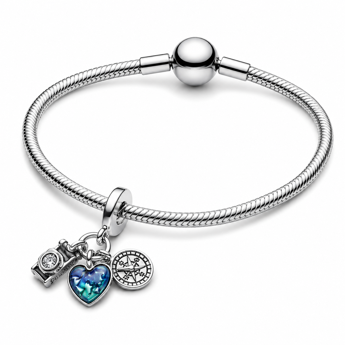 Charm-Anhänger Kamera Herz & Kompass Sterling-Silber