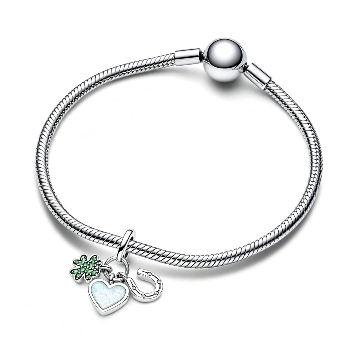 Charm-Anhänger Vierblättriges Kleeblatt Herz Hufeisen Silber