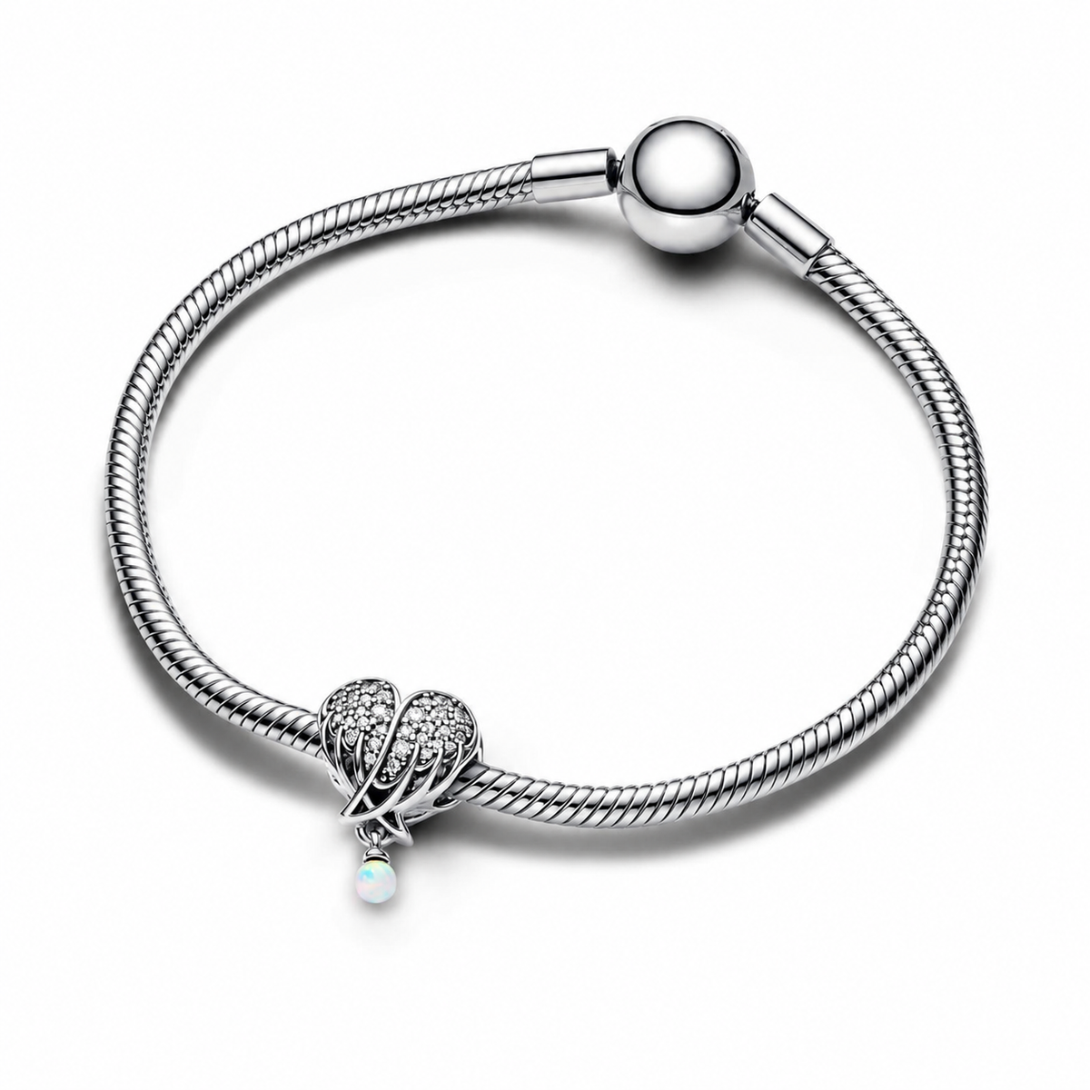 Charm Funkelnde Engelsflügel & Herz Zirkonia Opal Silber