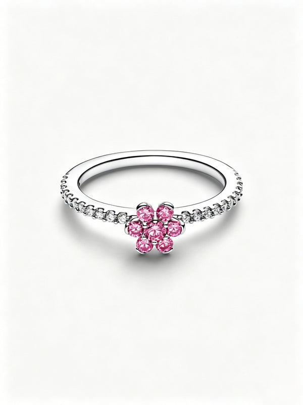 Funkelnde Rosa Blume Ring Sterling-Silber