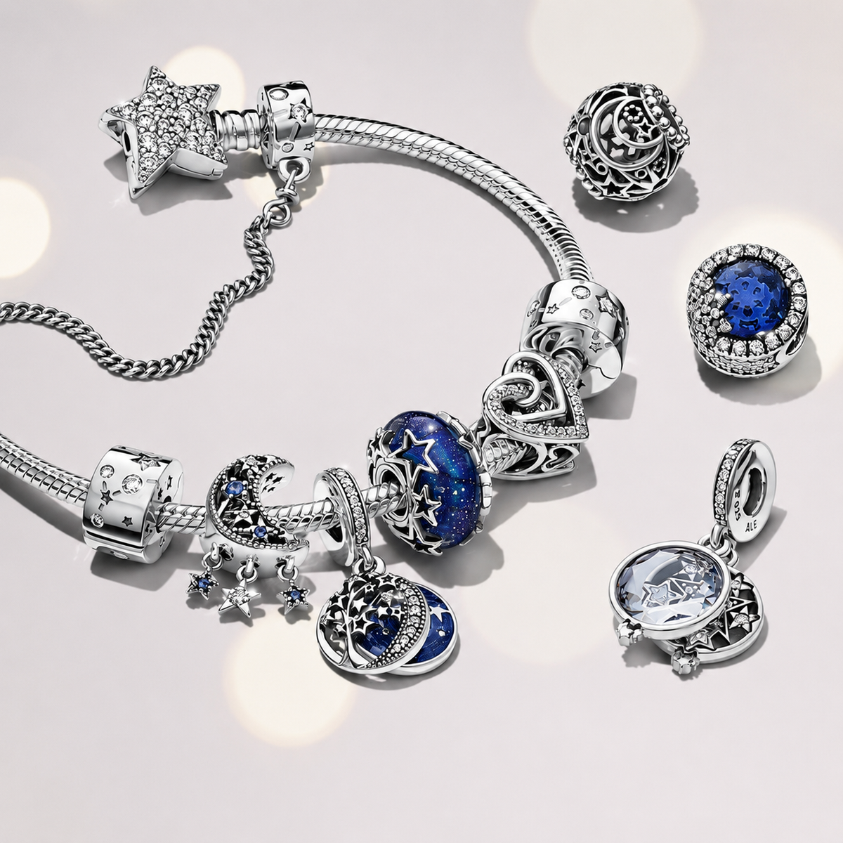Charm Galaxis Blau & Stern Murano-Glas Sterling-Silber